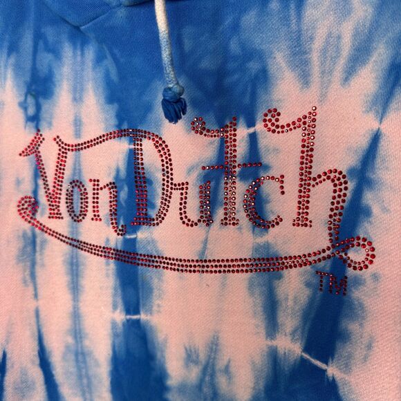Von Dutch SET Blue Pink Tie Dye Red Rhinestone Logo Oversize Hoodie & Pants - Picture 6 of 16